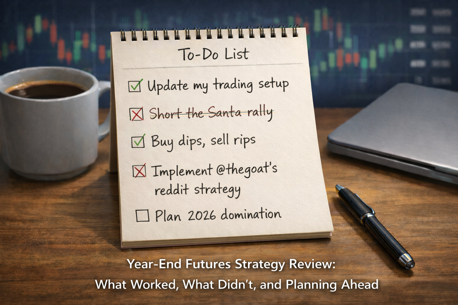 A high-definition image of a trader’s desk with a handwritten to-do list featuring futures trading tasks, accompanied by a coffee mug, closed laptop, and pen, with the blog title “Year-End Fu
